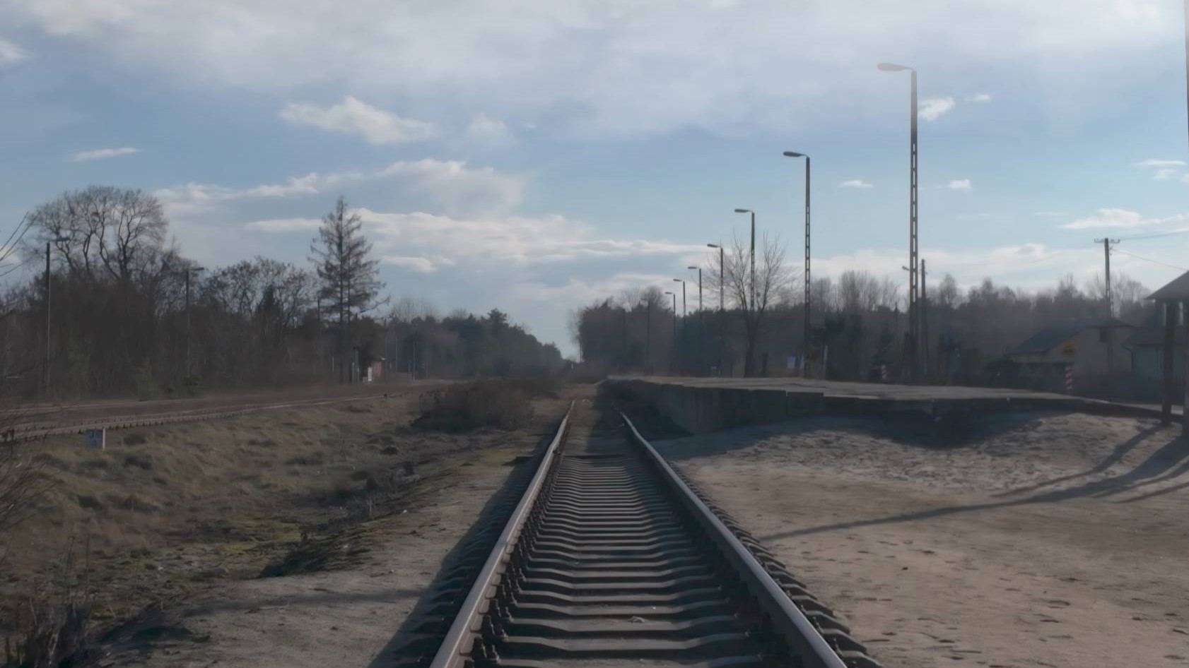 Zugschienen ziehen sich durch eine Landschaft