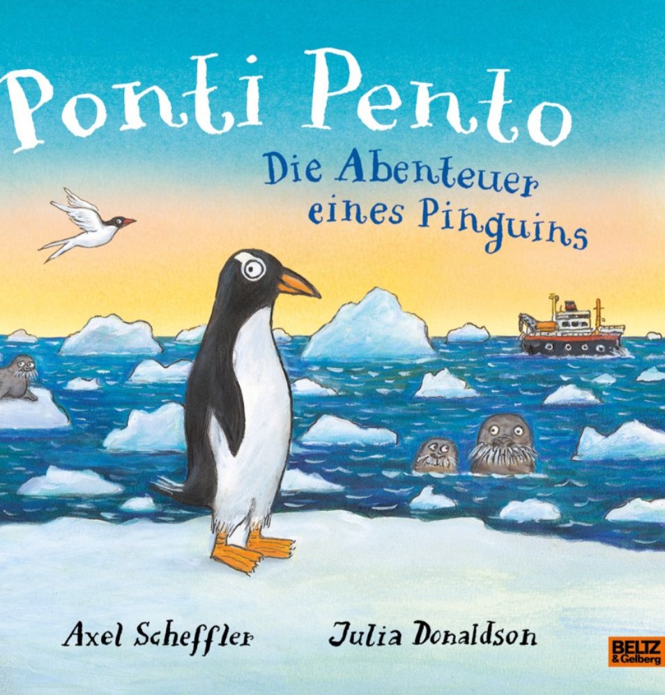 Die Zeichnung eines Pinguins am Südpol mit Eis und Meer, darüber steht Pont Pento.