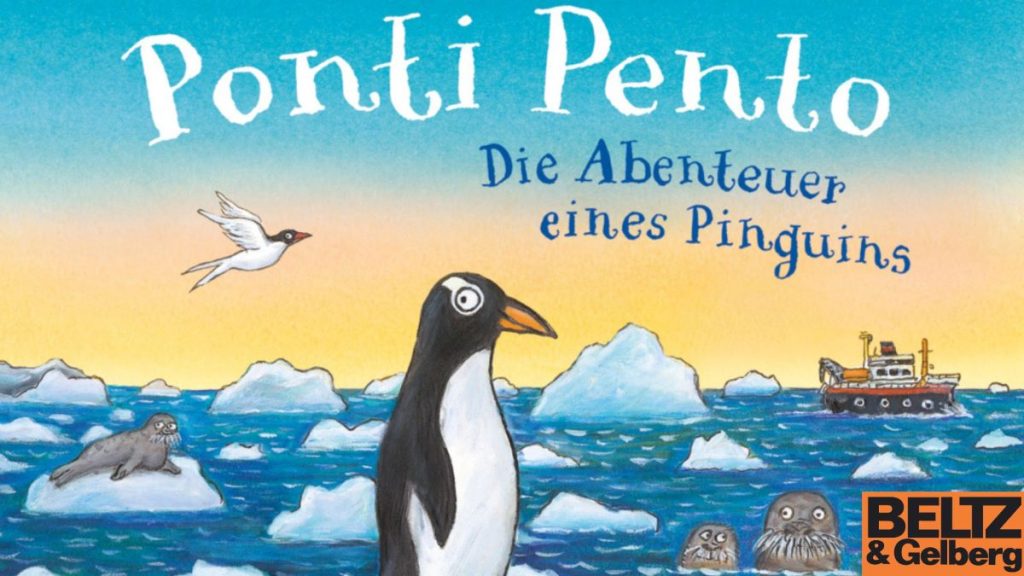 Die Zeichnung eines Pinguins am Südpol mit Eis und Meer, darüber steht Pont Pento.