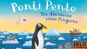 Die Zeichnung eines Pinguins am Südpol mit Eis und Meer, darüber steht Pont Pento.