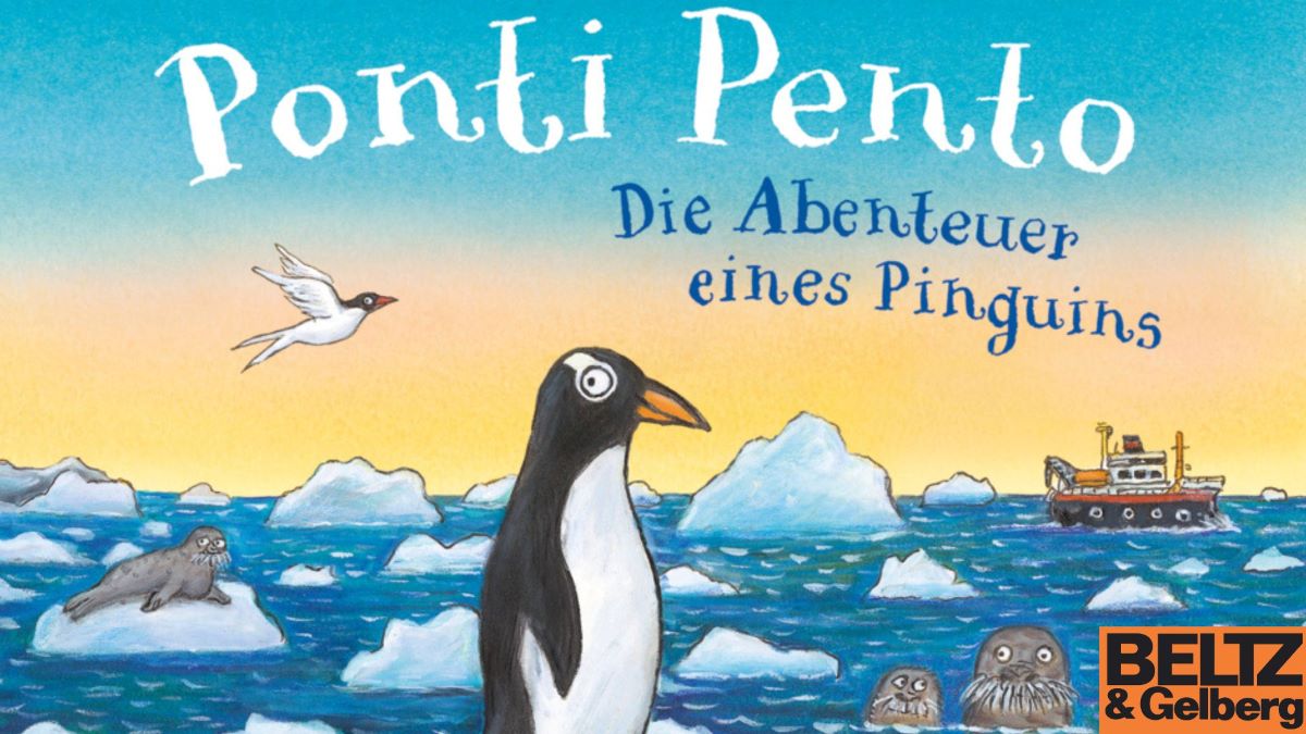 Die Zeichnung eines Pinguins am Südpol mit Eis und Meer, darüber steht Pont Pento.